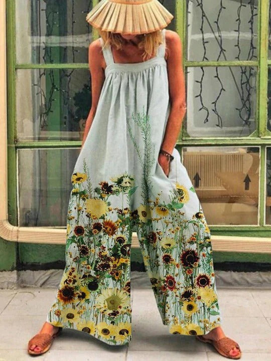 Women’s Wide-Leg Overall – Sleeveless Relaxed Fit – Artistic Print – Soft Drape Fabric