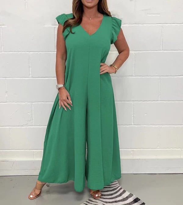 Women’s Overalls – Wide Leg Fit – Ruffled Shoulder – V-Neck – Breathable Fabric