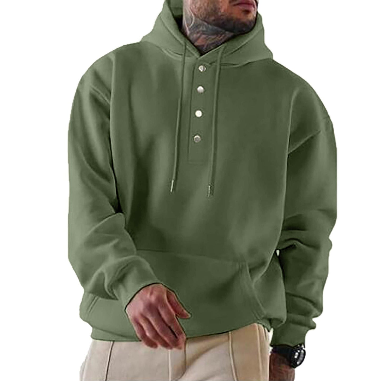 Men’s Hooded Sweatshirt – Loose Fit – Fleece Feel – Snap Button Front – Casual Style