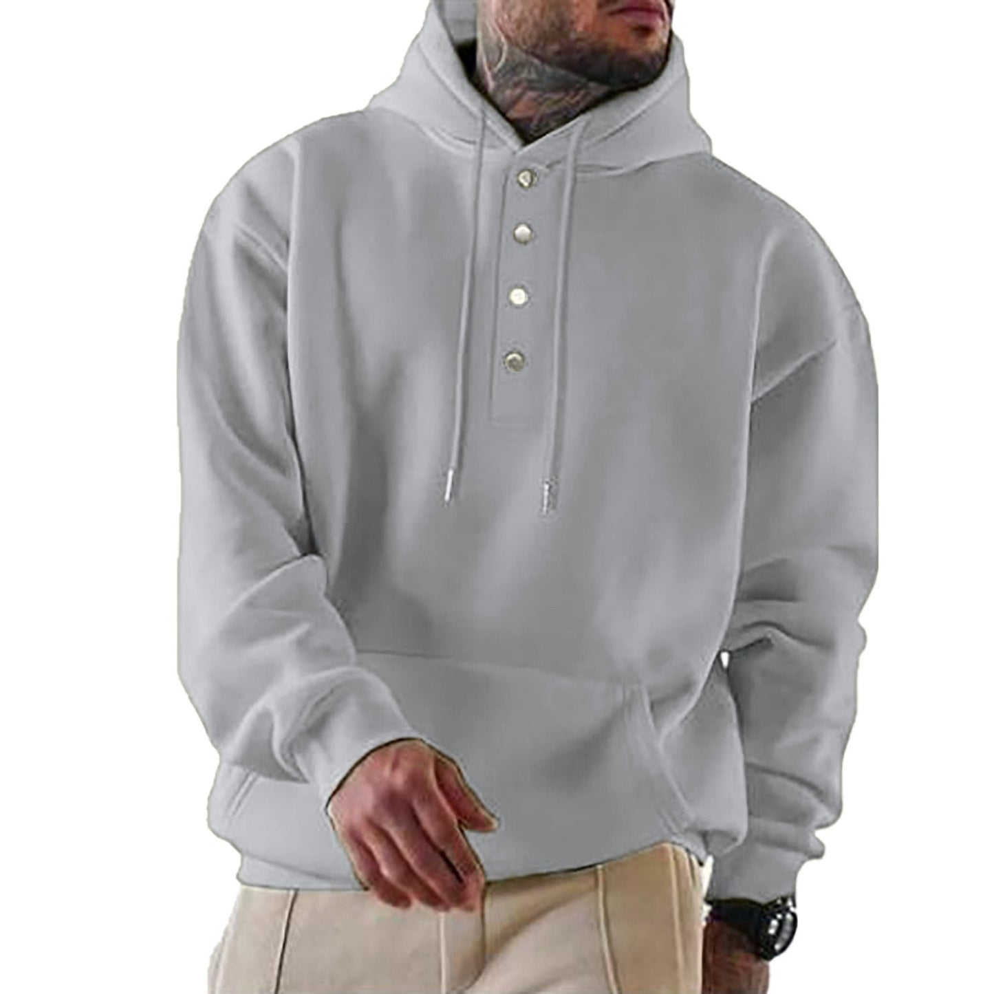 Men’s Hooded Sweatshirt – Loose Fit – Fleece Feel – Snap Button Front – Casual Style