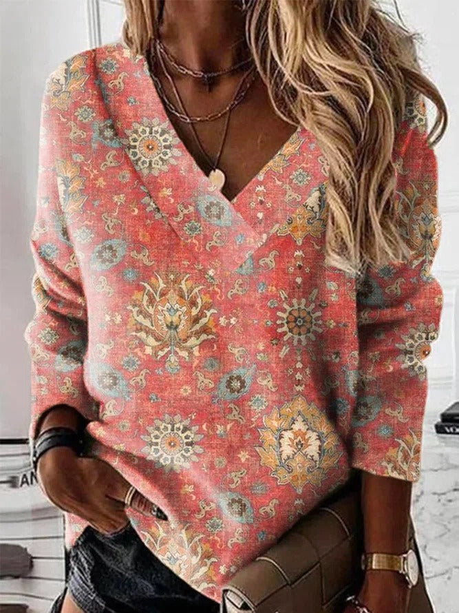 Women’s Sweatshirt – V-Neck – Relaxed Fit – Ornamental Print – Cotton Casual Style