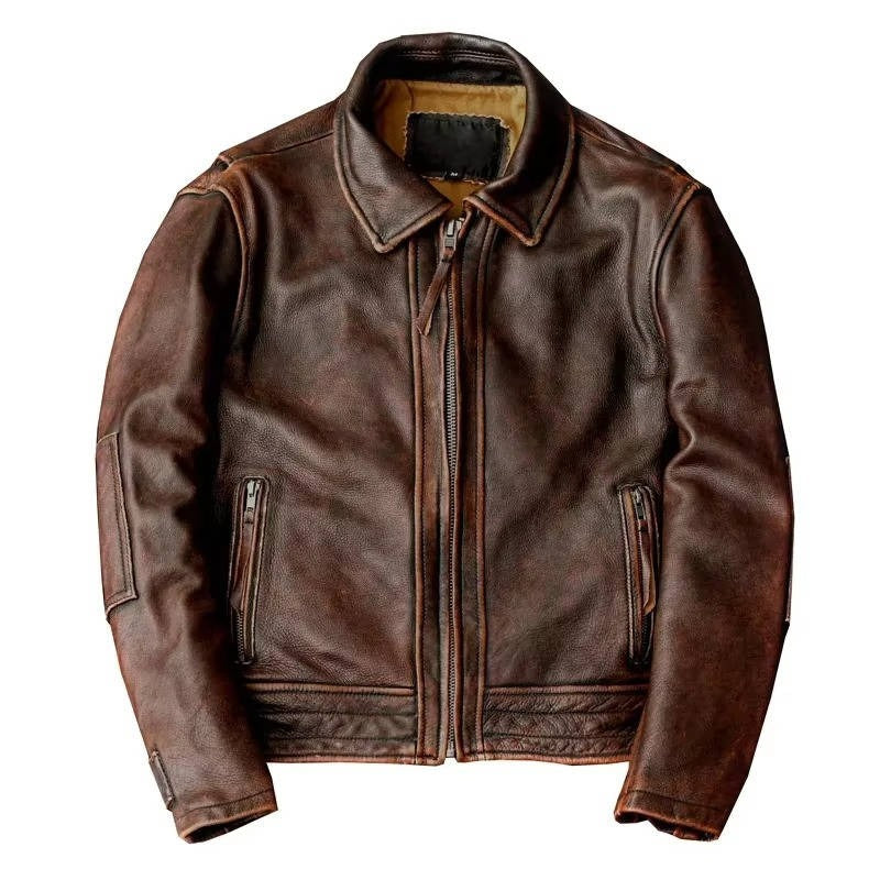 Men’s Leather Jacket – Distressed Finish – Standard Fit – Zipper Closure – Classic Collar