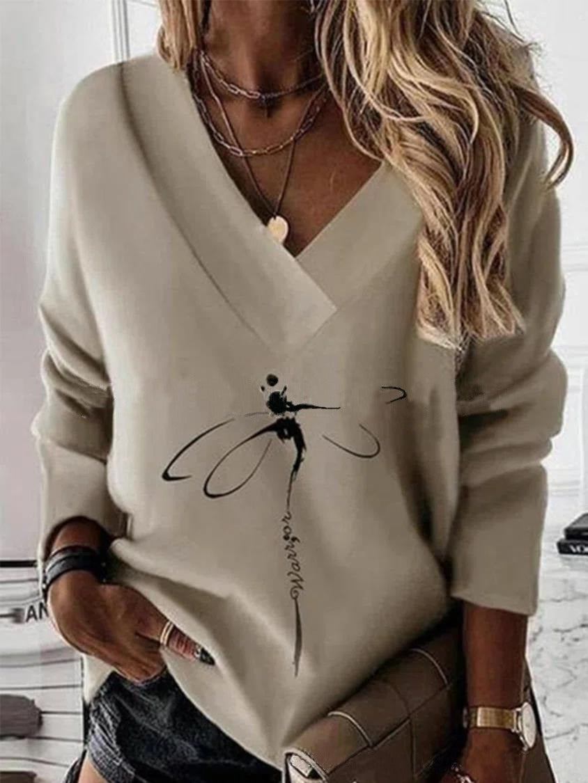 Women’s Sweatshirt – V-Neck – Relaxed Fit – Ornamental Print – Cotton Casual Style