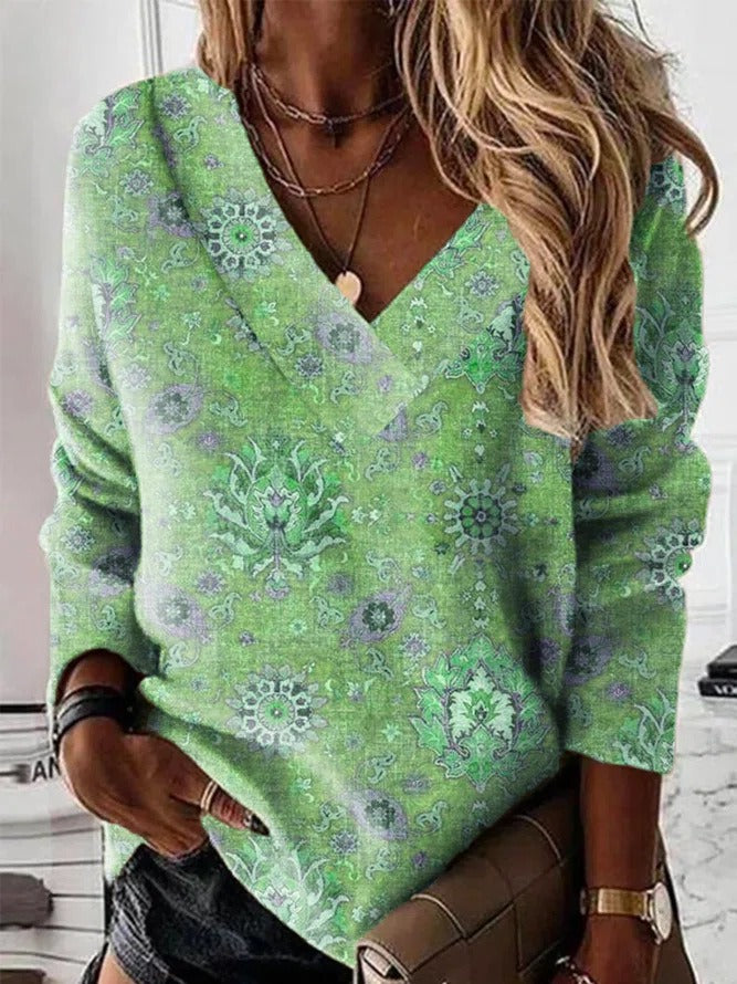 Women’s Sweatshirt – V-Neck – Relaxed Fit – Ornamental Print – Cotton Casual Style