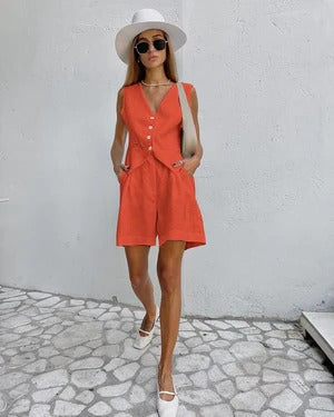 Women’s Vest and Short Set – Linen – Relaxed Fit – Sleeveless – Tailored V-Neck – Button Front