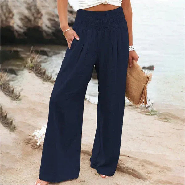 Women’s Wide-Leg Trousers – High Elastic Waist – Linen – Relaxed Full-Length Fit
