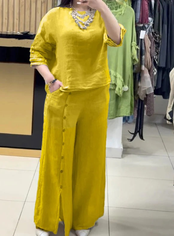 Women’s Two-Piece Set – Linen – Relaxed Fit Top – Wide-Leg Trousers with Button Detail