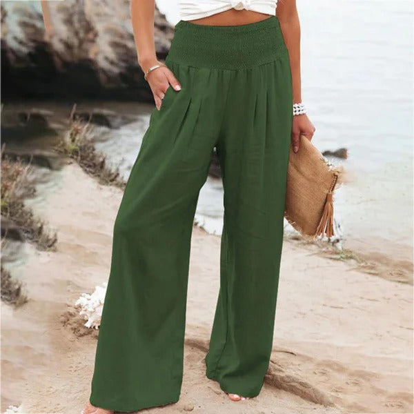 Women’s Wide-Leg Trousers – High Elastic Waist – Linen – Relaxed Full-Length Fit