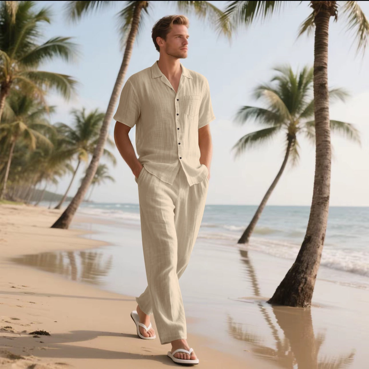 Men’s Shirt and Pants Set – Linen – Relaxed Fit – Short Sleeve – Elastic Waist