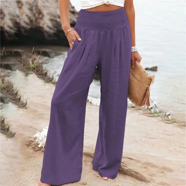 Women’s Wide-Leg Trousers – High Elastic Waist – Linen – Relaxed Full-Length Fit