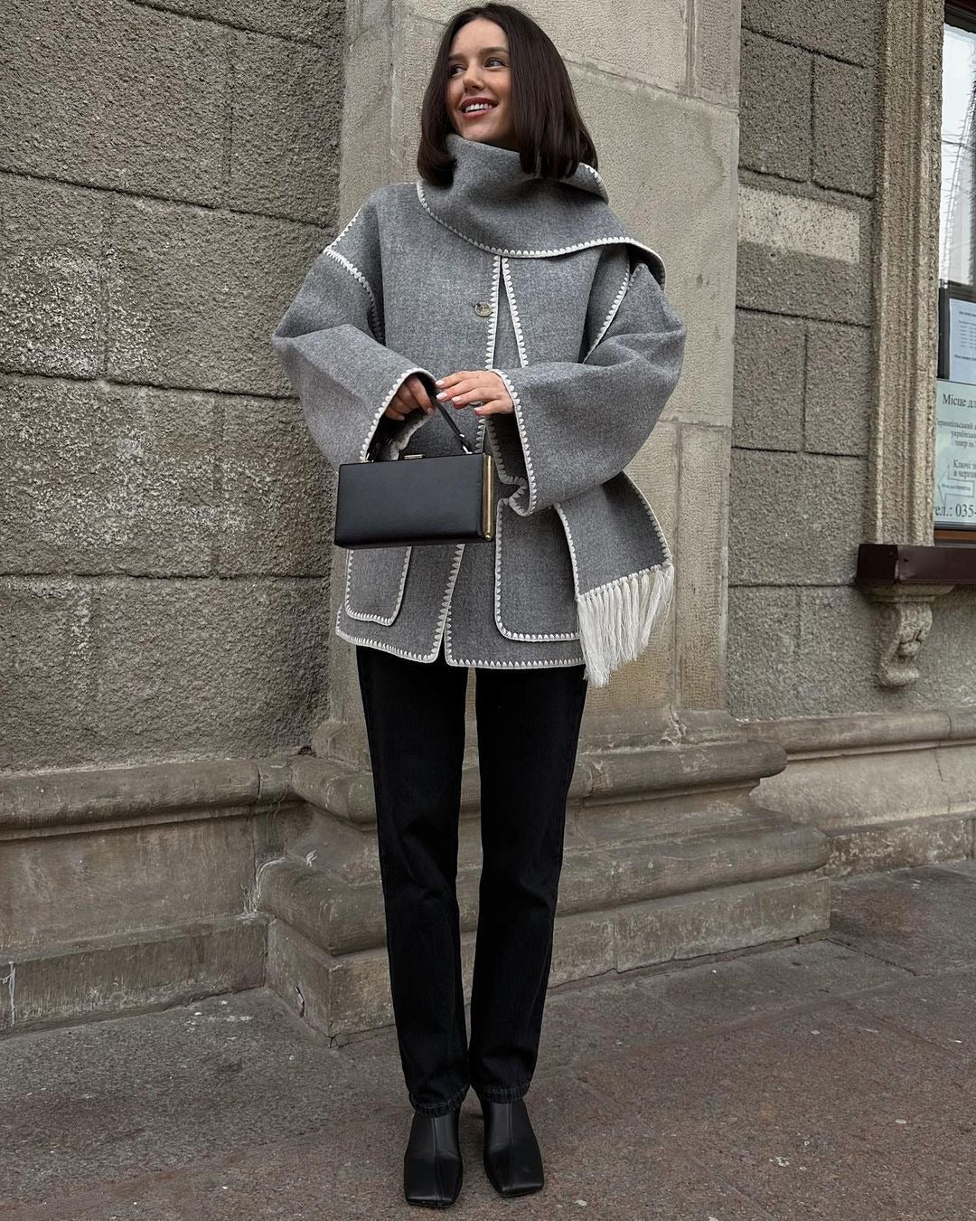 Women’s Wool Coat – Oversized Fit – Full Length – Button Front – Matching Scarf