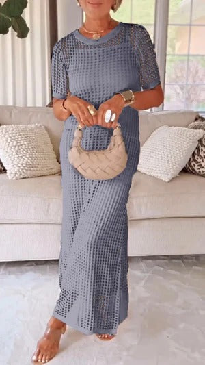 Women’s Maxi Dress – Mesh Overlay – Straight Fit – Short Sleeve Elegant Design
