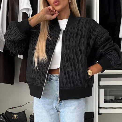 Women’s Quilted Jacket – Cropped Fit – Ribbed Hem & Cuffs – Zip Front – Casual Style