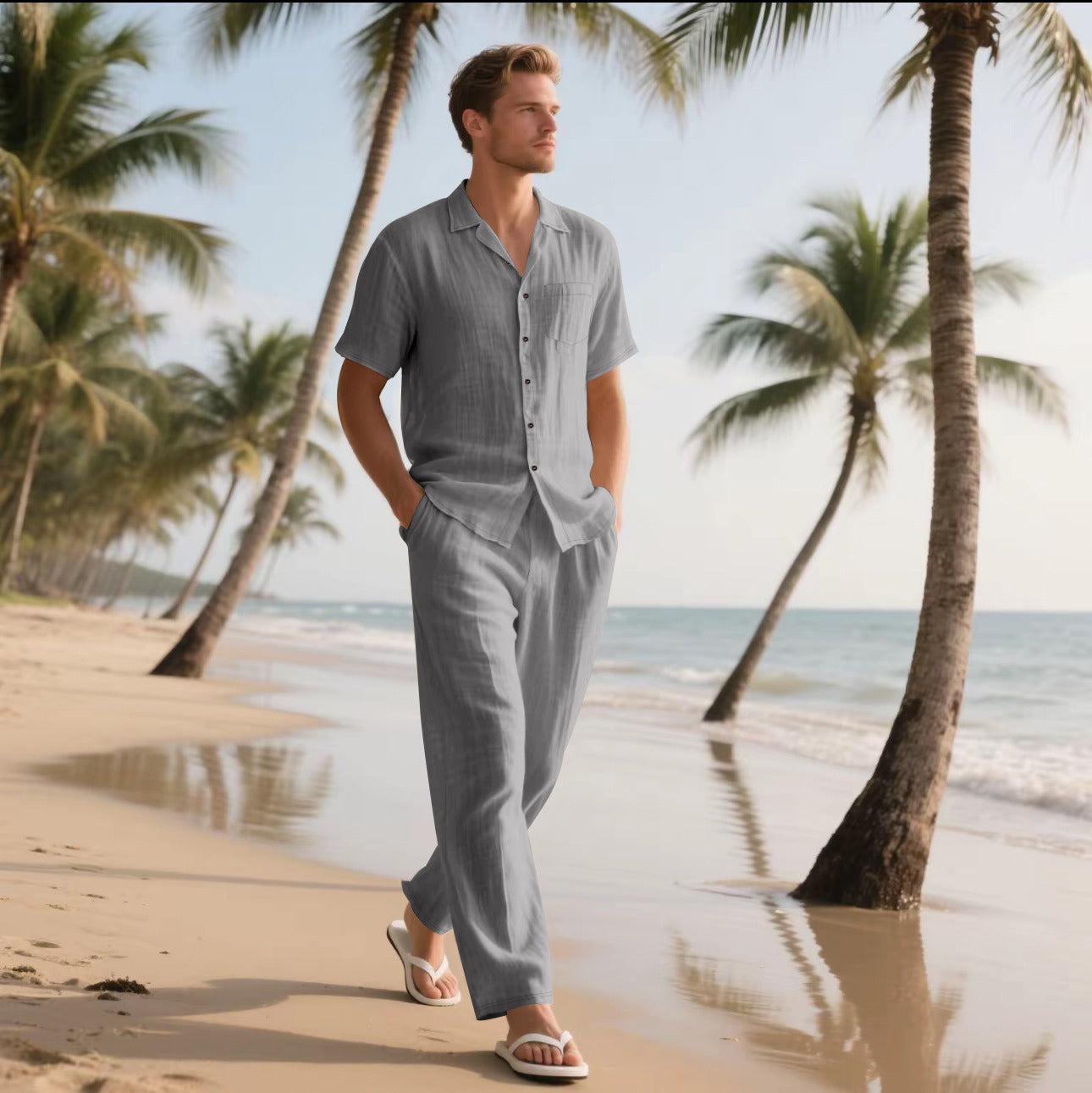 Men’s Shirt and Pants Set – Linen – Relaxed Fit – Short Sleeve – Elastic Waist