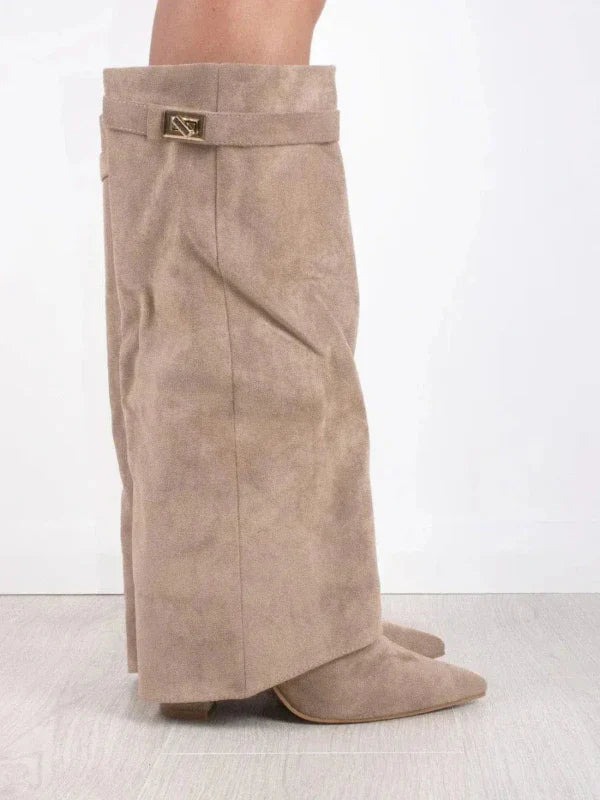 Women’s Knee-High Boots – Suede Texture – Block Heel – Pointed Toe – Buckle Accent