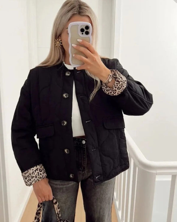 Women’s Quilted Jacket – Relaxed Fit – Leopard Lined Cuffs – Button Front – Hip Length