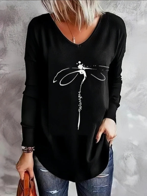 Women’s Pullover – Soft Knit – Relaxed Fit – V-Neck – Feather Graphic – Full Sleeve