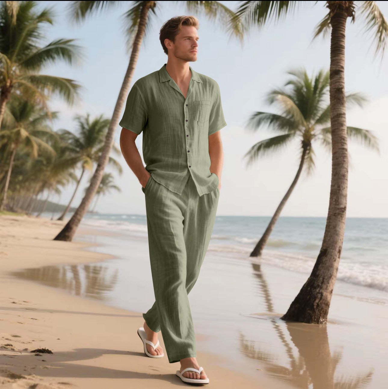 Men’s Shirt and Pants Set – Linen – Relaxed Fit – Short Sleeve – Elastic Waist