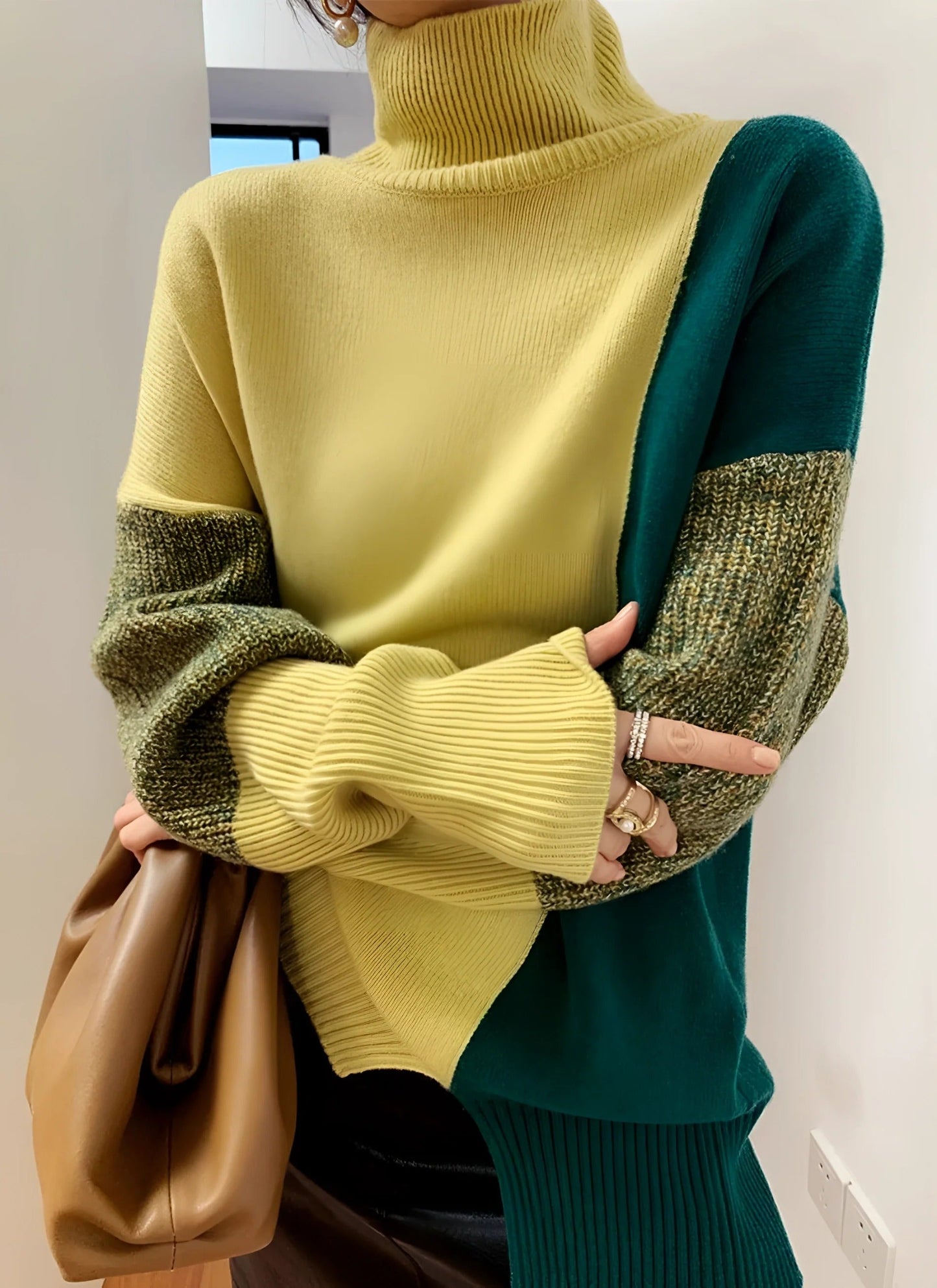 Women’s Turtleneck Sweatshirt – Wool Blend – Relaxed Fit – Asymmetric Two-Tone Knit