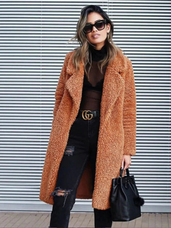 Women’s Teddy Coat – Oversized Fit – Long Length – Soft Textured – Lapel Collar