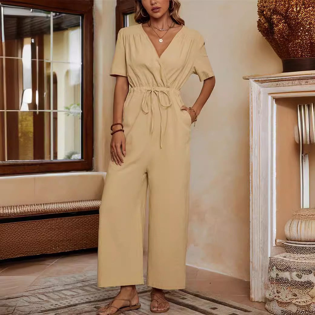 Women’s Jumpsuit – V-Neck – Cinched Waist – Cotton Linen – Short Sleeve – Full Length