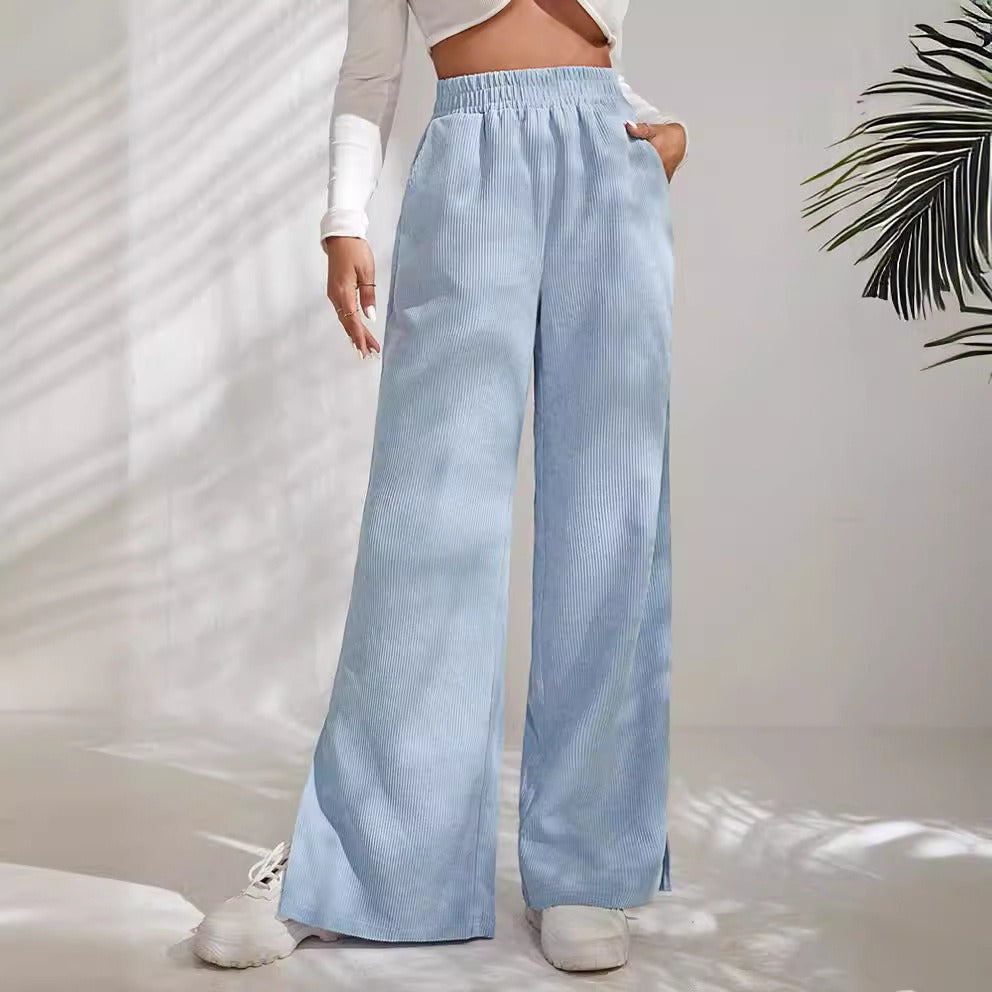 Women’s Wide-Leg Trousers – High Waist – Corduroy Texture – Split Hem – Elastic Waist