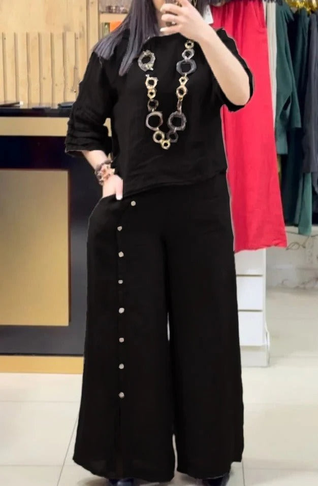 Women’s Two-Piece Set – Linen – Relaxed Fit Top – Wide-Leg Trousers with Button Detail