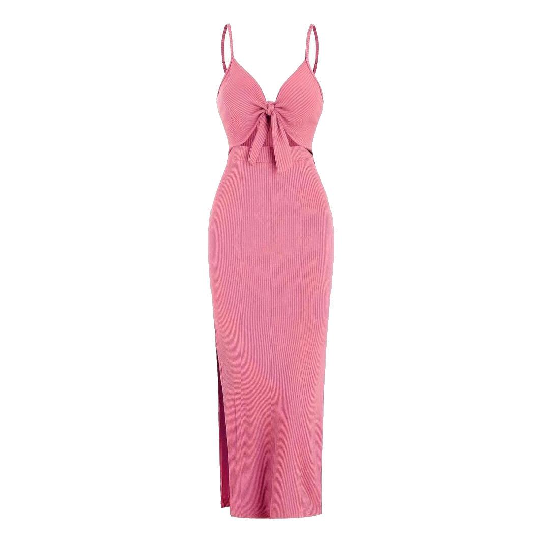 Women's Maxi Dress - Ribbed Knit - Spaghetti Strap - Cut-Out Front Knot Detail