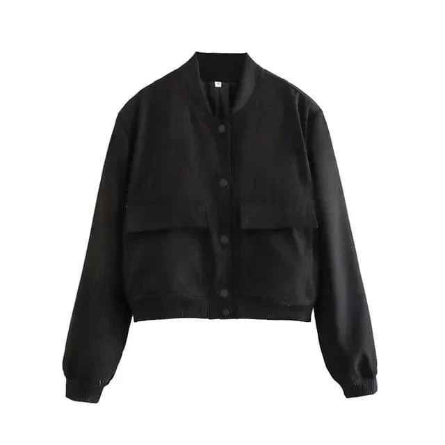 Women's Cropped Varsity Jacket - Classic Button-Up - Ribbed Collar & Cuffs - Casual Fit