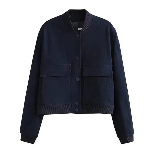 Women's Cropped Varsity Jacket - Classic Button-Up - Ribbed Collar & Cuffs - Casual Fit