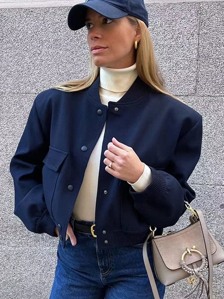 Women's Cropped Varsity Jacket - Classic Button-Up - Ribbed Collar & Cuffs - Casual Fit