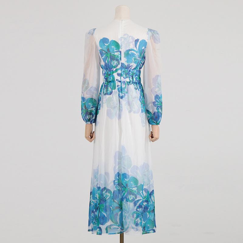 Women’s Midi Dress – V-Neck – Smocked Waist – Long Sleeve – Lightweight Elegant Fit