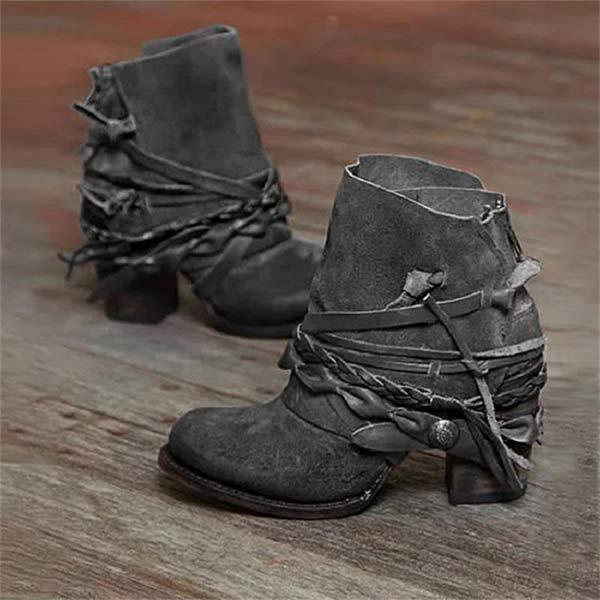 Women’s Ankle Boots – Leather Western Style – Block Heel – Strap Detail – Round Toe