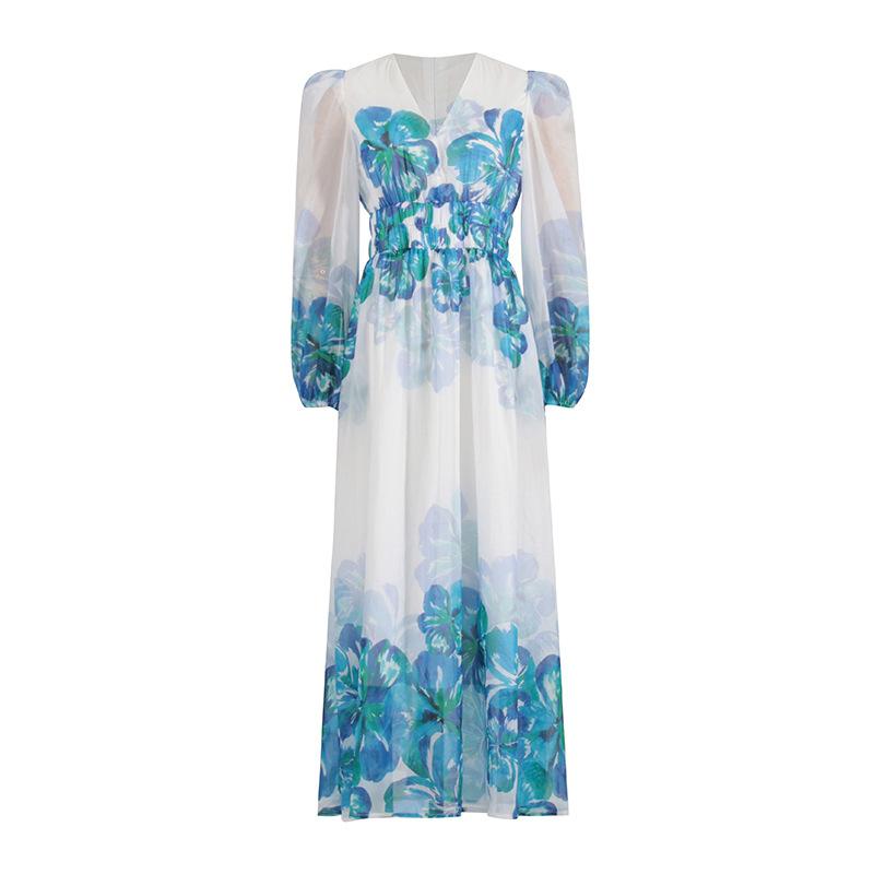 Women’s Midi Dress – V-Neck – Smocked Waist – Long Sleeve – Lightweight Elegant Fit
