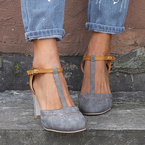 Women’s High Heels – Suede Finish – T-Strap – Block Heel – Perforated Toe – Buckle Closure