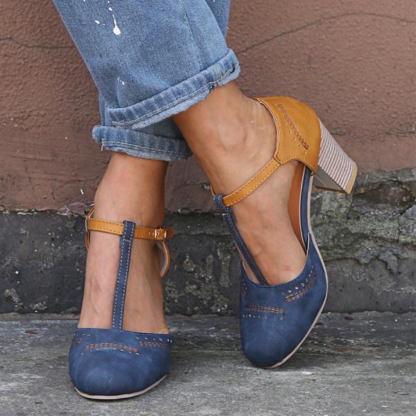 Women’s High Heels – Suede Finish – T-Strap – Block Heel – Perforated Toe – Buckle Closure
