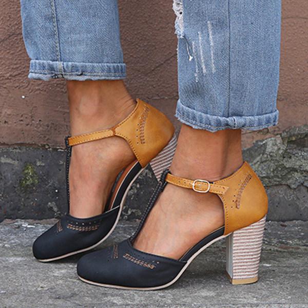 Women’s High Heels – Suede Finish – T-Strap – Block Heel – Perforated Toe – Buckle Closure