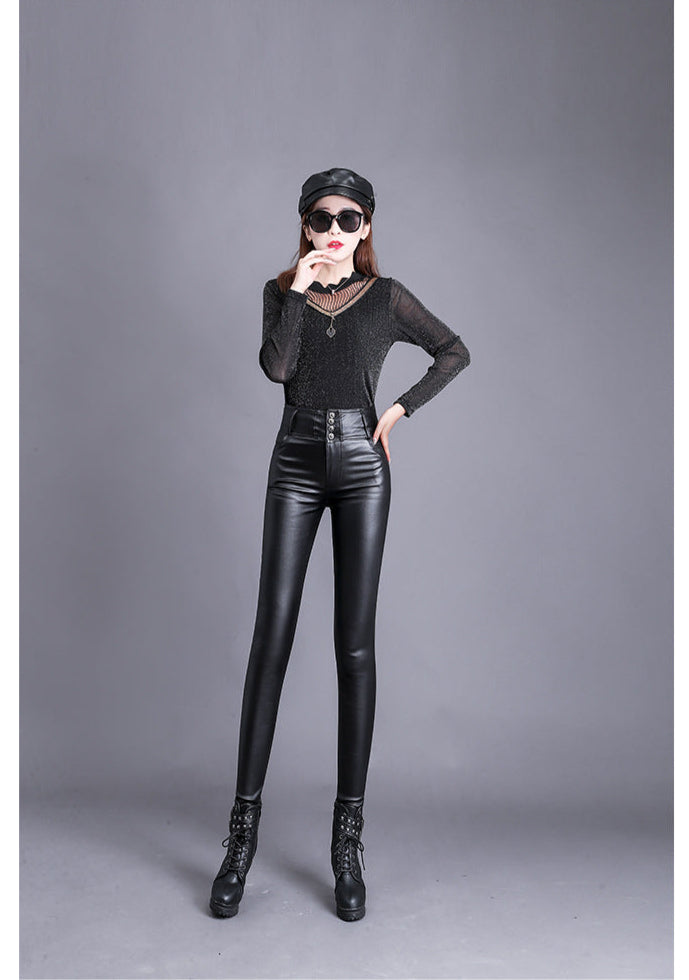 Women's High-Waisted Leather Trousers – Skinny Fit – Button Front – Sleek & Stylish