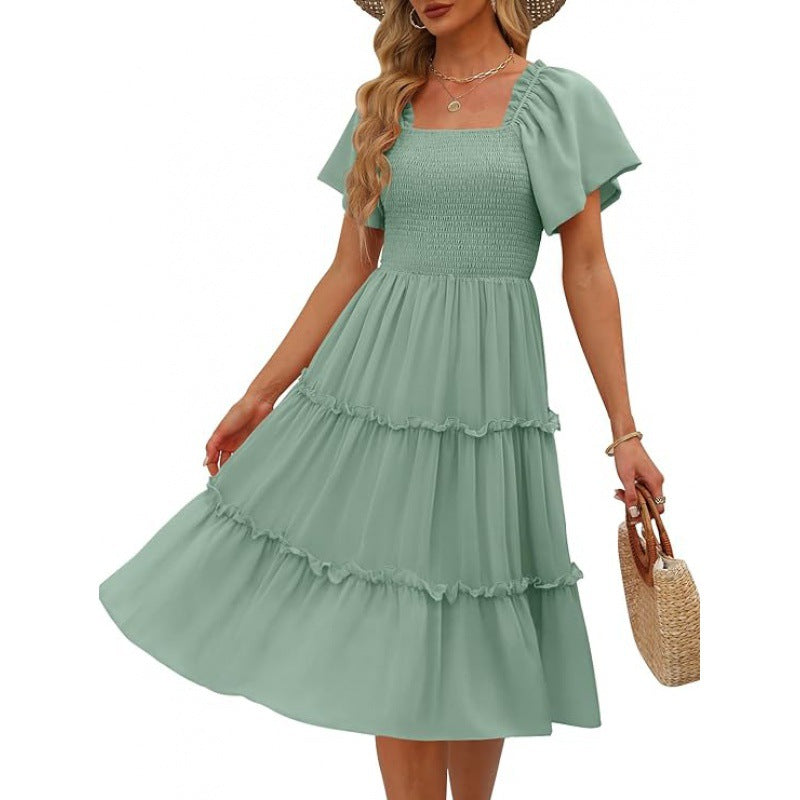 Women's Midi Dress - Smocked Bodice - Ruffled Hem - Lightweight Elegant Fit