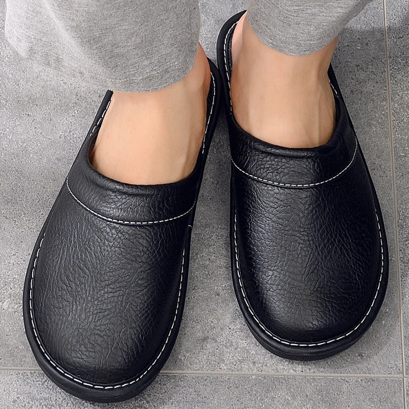 Women’s Slip-On Slippers – Textured Faux Leather – Closed Toe – Indoor Comfort Fit