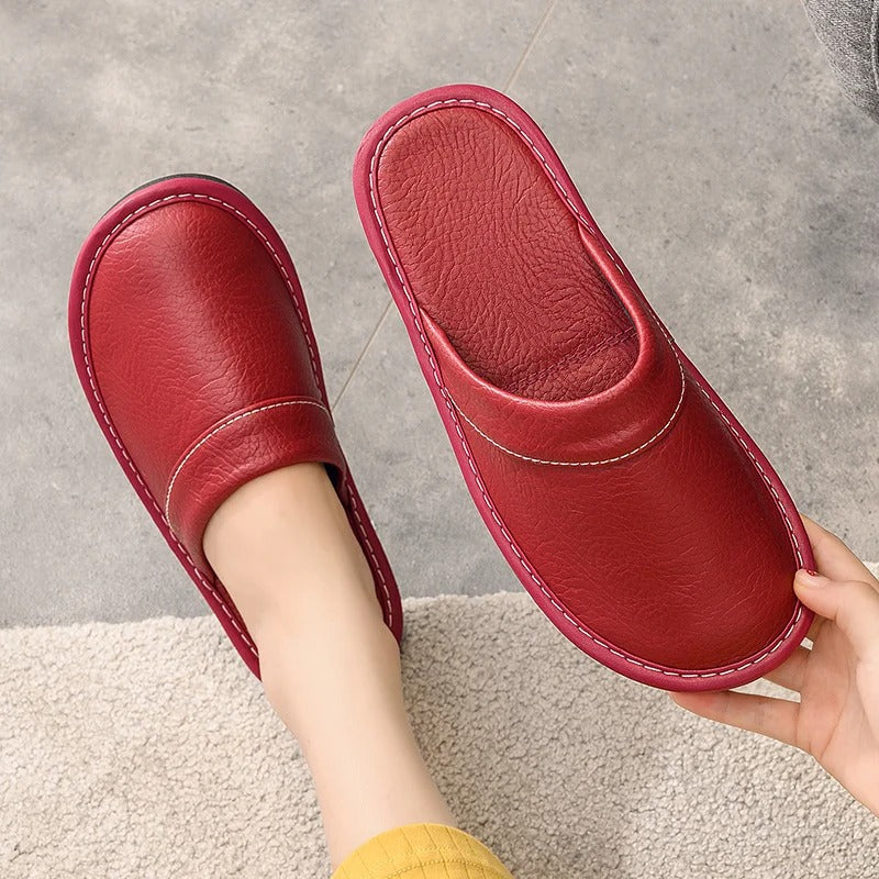 Women’s Slip-On Slippers – Textured Faux Leather – Closed Toe – Indoor Comfort Fit