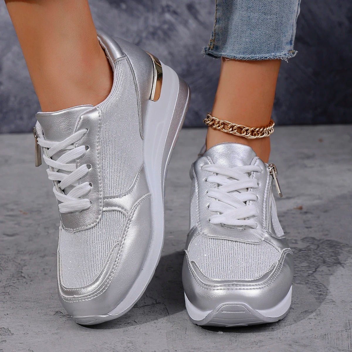Women’s Sneakers – Arch Support – Breathable Textile – Lace-Up with Side Zip