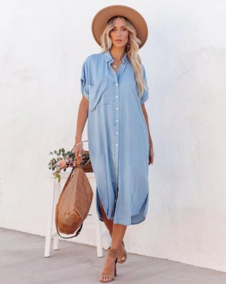 Women's Short-Sleeve Denim Shirt Dress