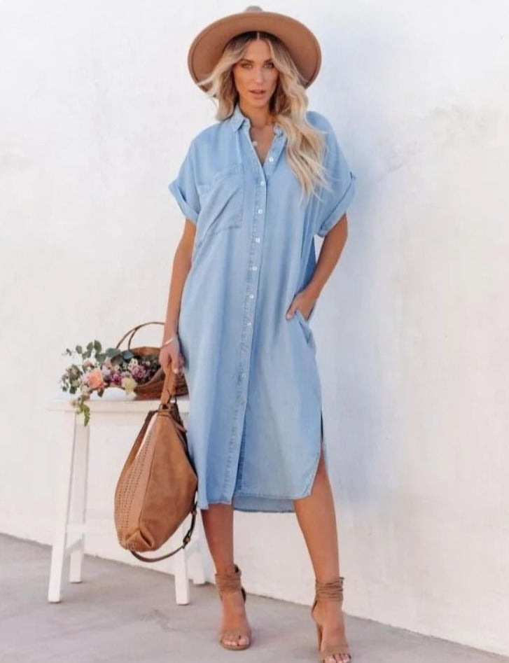 Women's Short-Sleeve Denim Shirt Dress