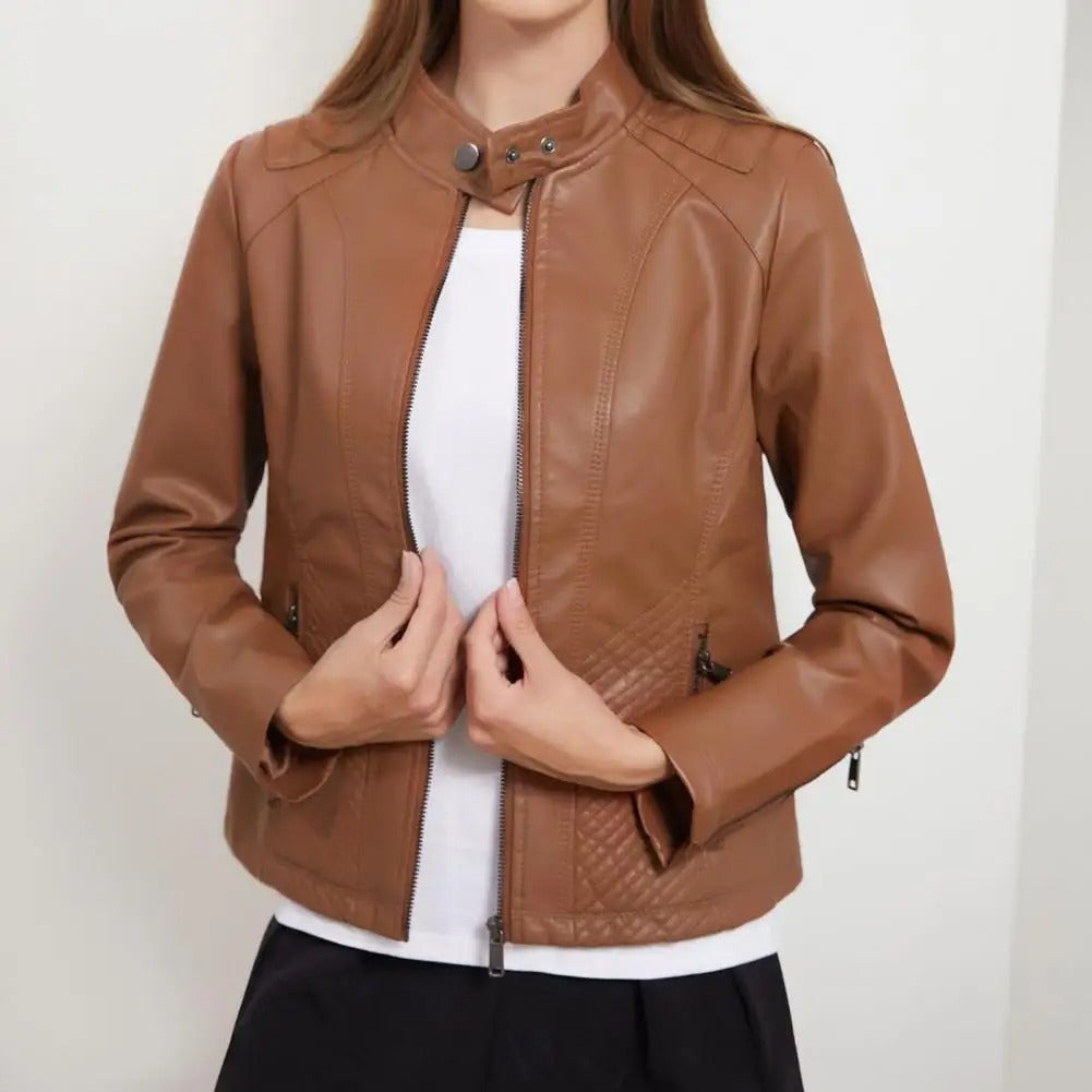 Women’s Leather Jacket – Slim Fit – Quilted Panels – Stand Collar – Zipper Front