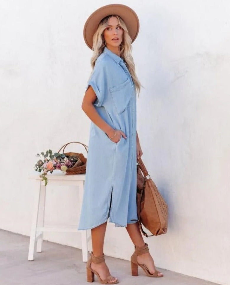 Women's Short-Sleeve Denim Shirt Dress