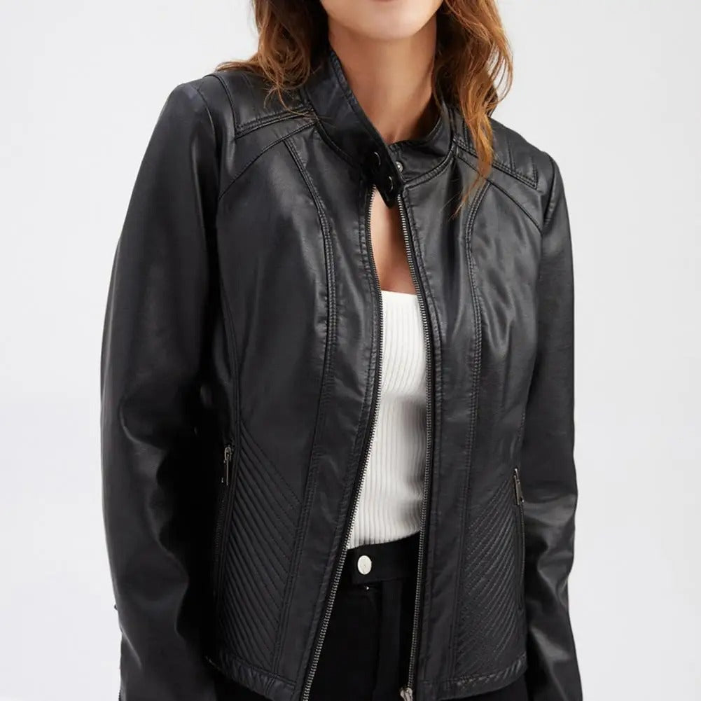Women’s Leather Jacket – Slim Fit – Quilted Panels – Stand Collar – Zipper Front