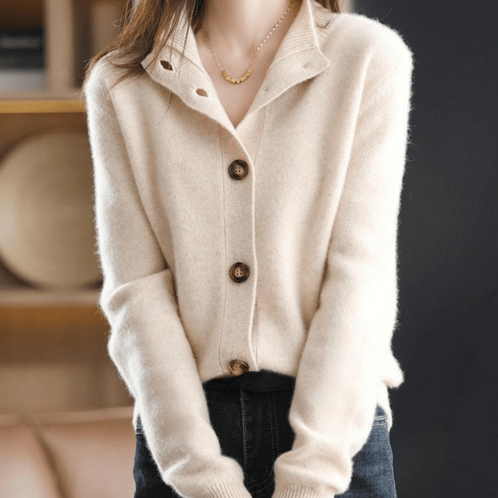 Women’s Cardigan – Soft Knit – Relaxed Fit – Button Front – Cut-Out Collar Design