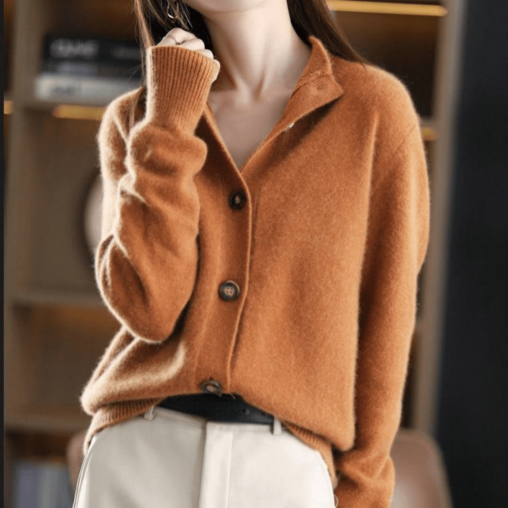 Women’s Cardigan – Soft Knit – Relaxed Fit – Button Front – Cut-Out Collar Design