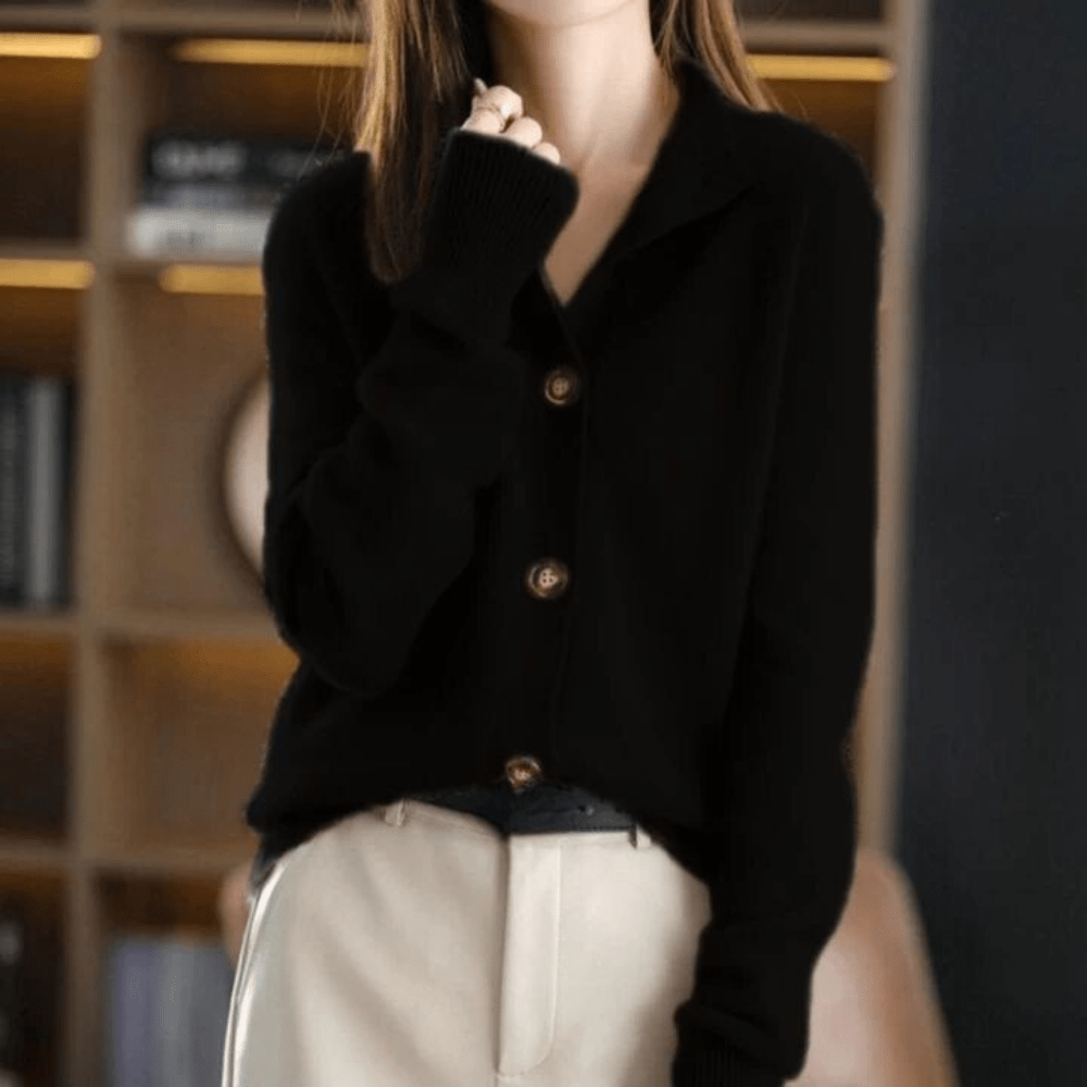 Women’s Cardigan – Soft Knit – Relaxed Fit – Button Front – Cut-Out Collar Design
